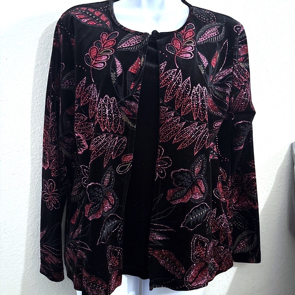 Vtg Cardigan M Black Pink Whimsigoth Glitter Floral Velvet Dark Fairy Romantic